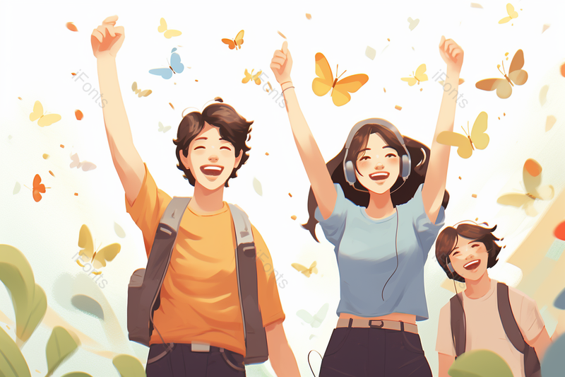 学生朝气蓬勃国际大学生节三个年轻人欢呼庆祝,插画/手绘图,插画/手绘图库,插画/手绘图下载,插画/手绘